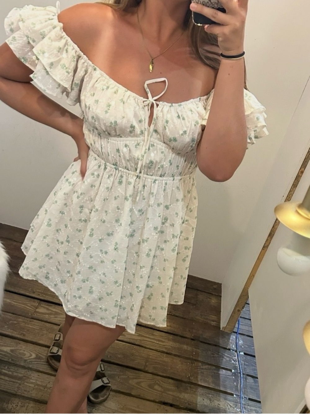 Cotton Candy Cream Dress with Green Floral Print